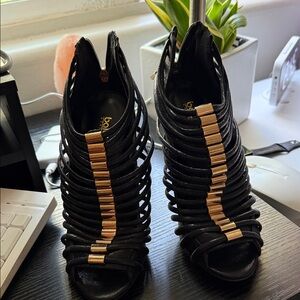 Chic Black and Gold Strappy Heels